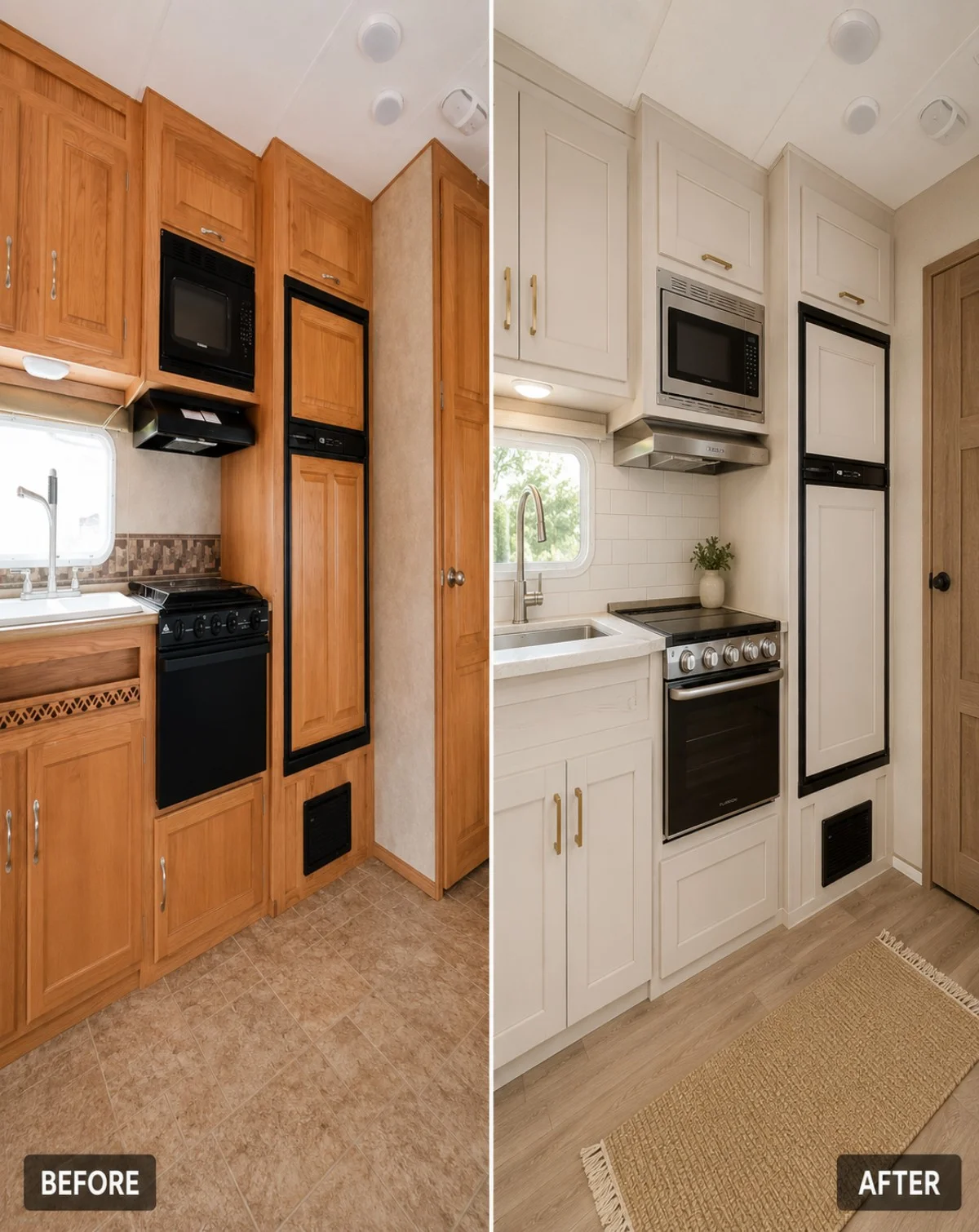Before and after kitchen remodeling project in College Terrace, Palo Alto, CA featuring custom white shaker cabinets, upgraded appliances, improved storage, and a bright modern design.