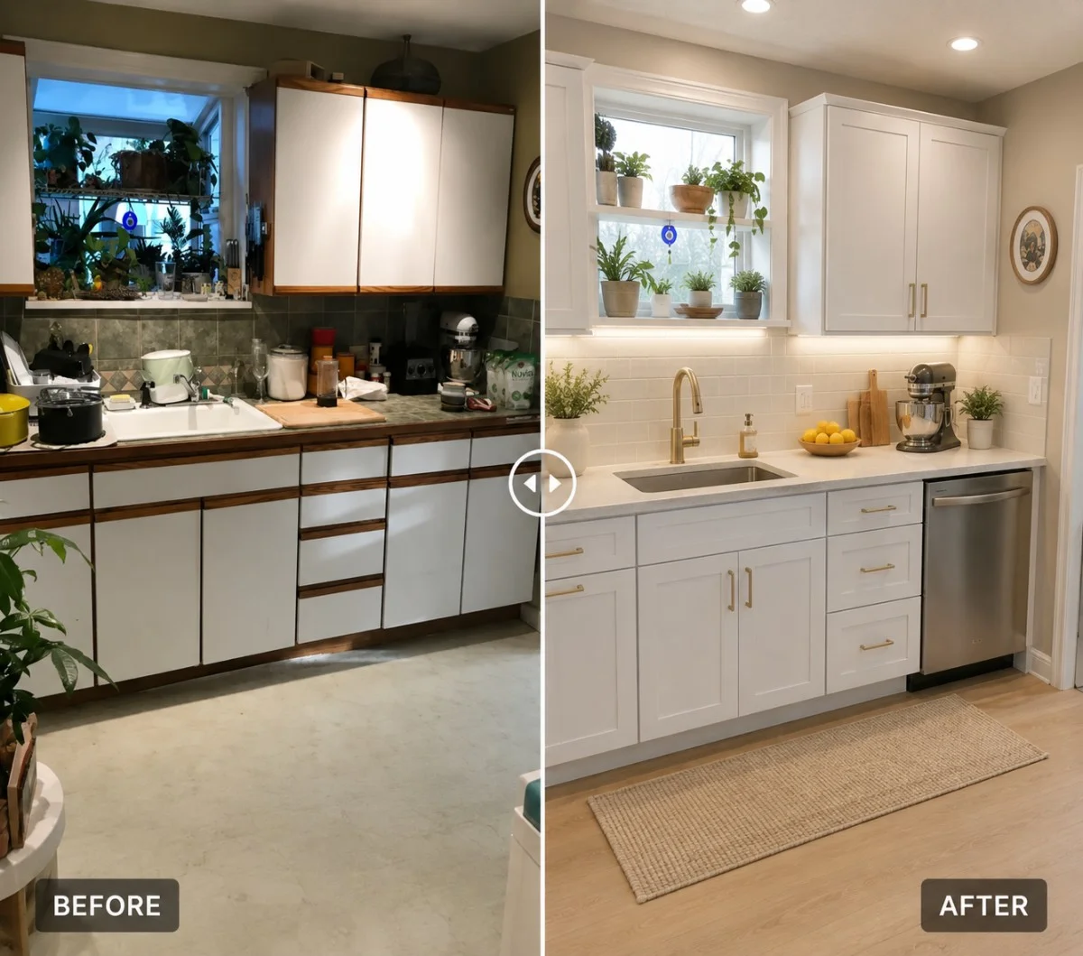 Before and after kitchen remodeling project in Crescent Park, Palo Alto, CA featuring custom white shaker cabinets, quartz countertops, upgraded lighting, and improved storage.