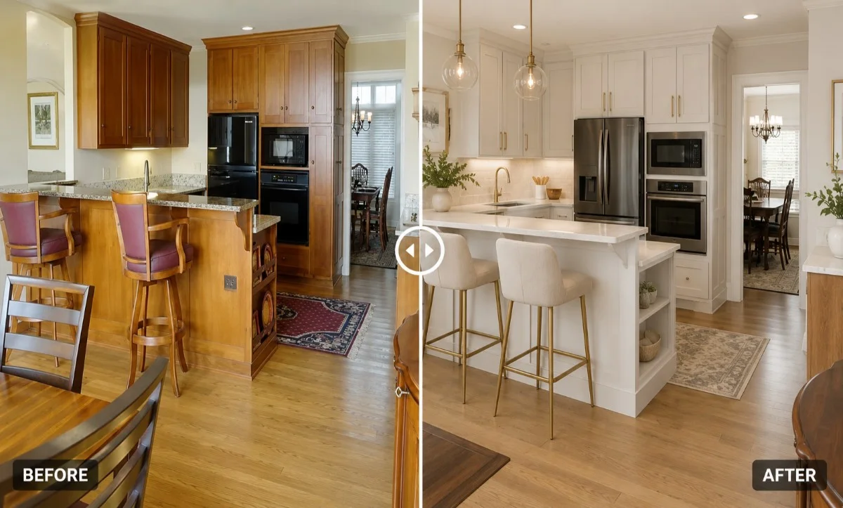 Before and after kitchen remodeling project in Los Altos featuring expanded storage, a spacious kitchen island, custom cabinetry, and premium finishes.