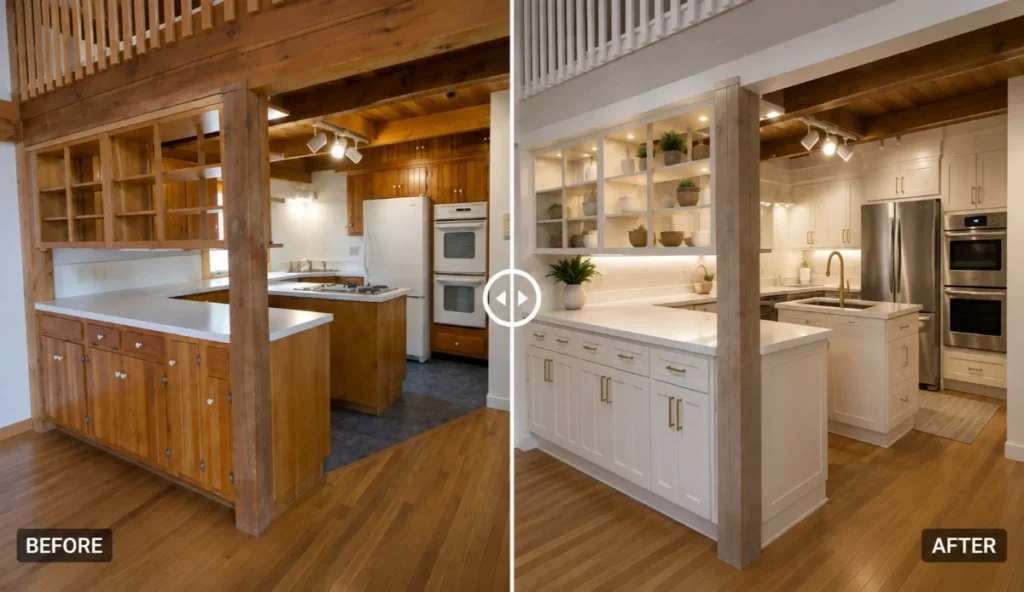 Before and after kitchen remodeling project in Mountain View Palo Alto featuring an open layout, custom cabinets, large island, quartz countertops, and modern lighting.