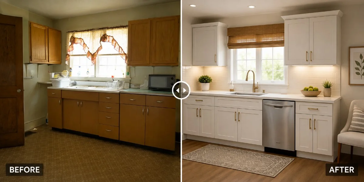 Before and after kitchen remodeling project in Old Palo Alto featuring custom white shaker cabinets, quartz countertops, improved lighting, and a bright modern layout.