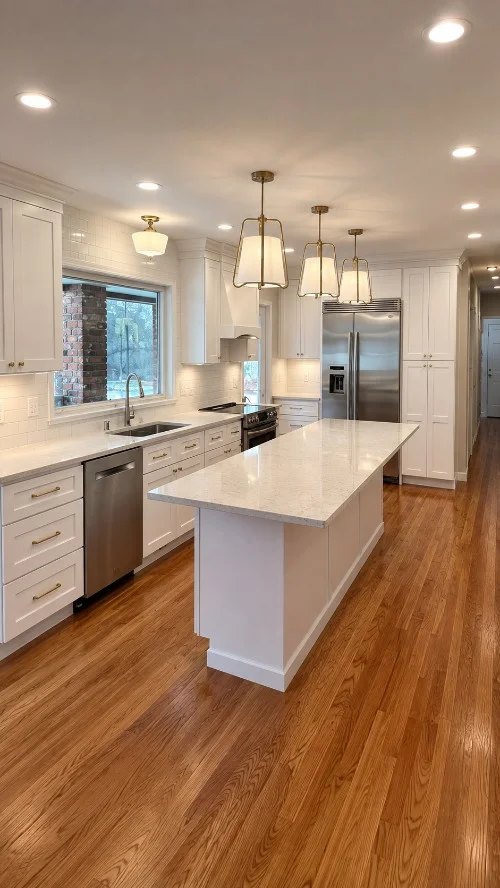Modern white kitchen remodeling project in Palo Alto with a large island, custom cabinets, quartz countertops, and hardwood flooring