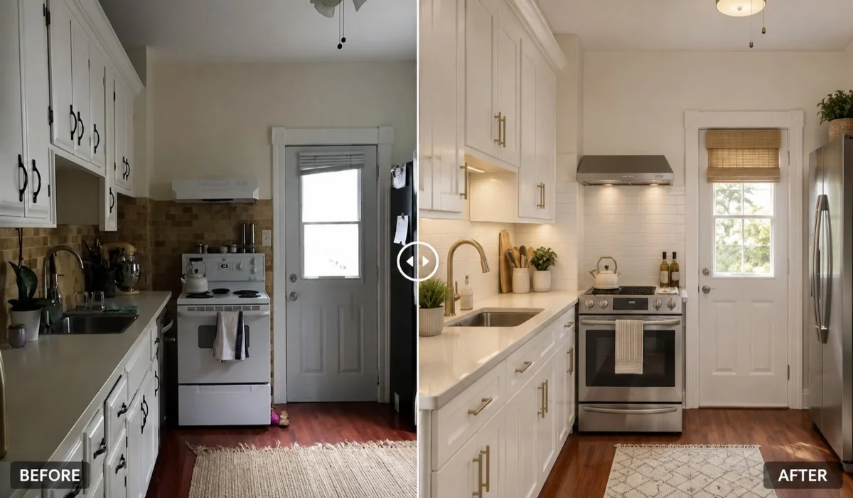 Before and after kitchen remodeling project in Sunnyvale with custom cabinetry, quartz countertops, upgraded appliances, and a bright modern kitchen design.